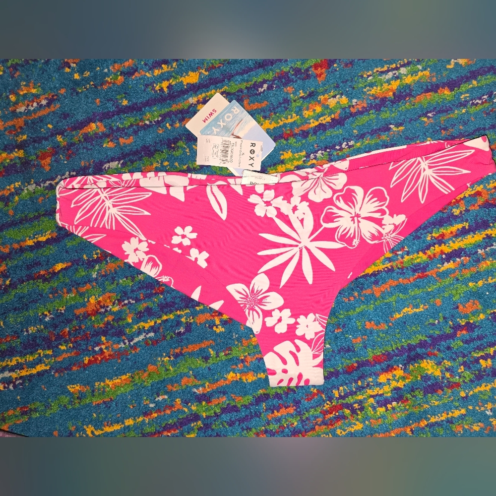 NWT 🌸 Roxy Beach Classic Rouched Cheeky Bikini Bottom Size XL Hello Aloha Pink - Picture 2 of 6